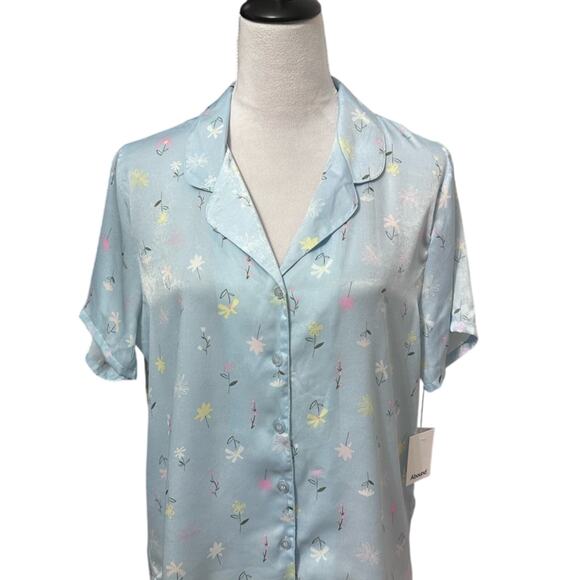 Abound Satin Pajama Shirt Button-up Front Breathable Floral Pattern Blue M NEW - Picture 2 of 9